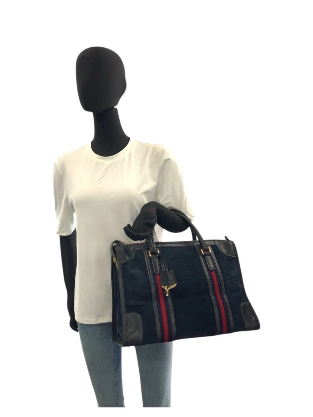 Gucci Navy Suede Top-Handle Tote with Red and Blue Stripes